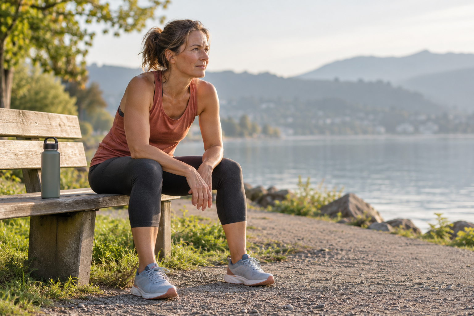 Sportive assise sur un banc au bord du lac, en récupération après une course à pied.